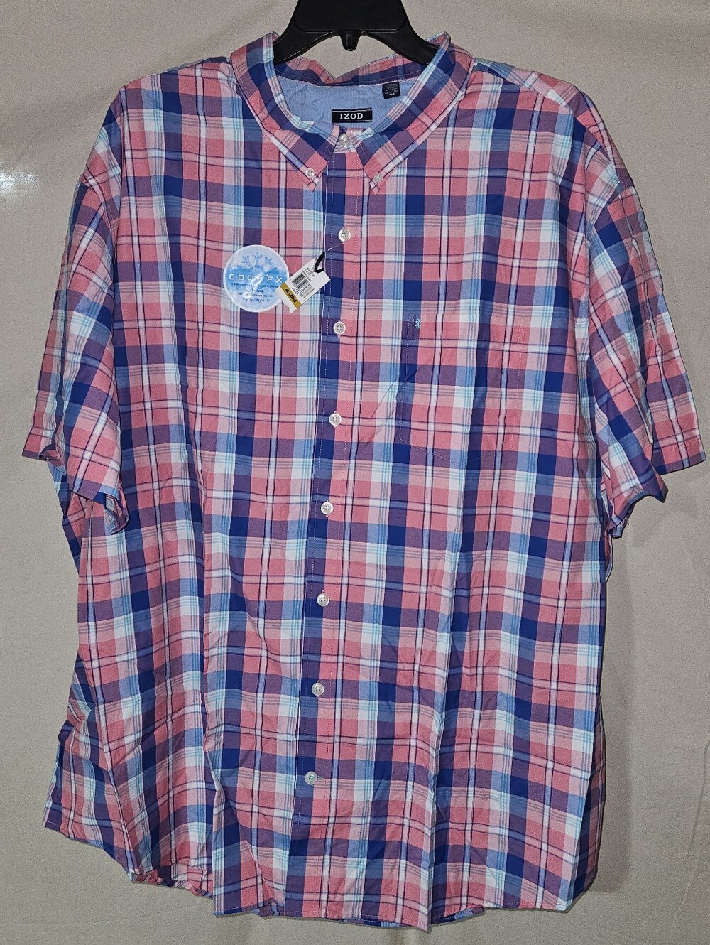 NWT Izod Men’s Short Sleeve Plaid Button-Down Shirt - Pink & Blue